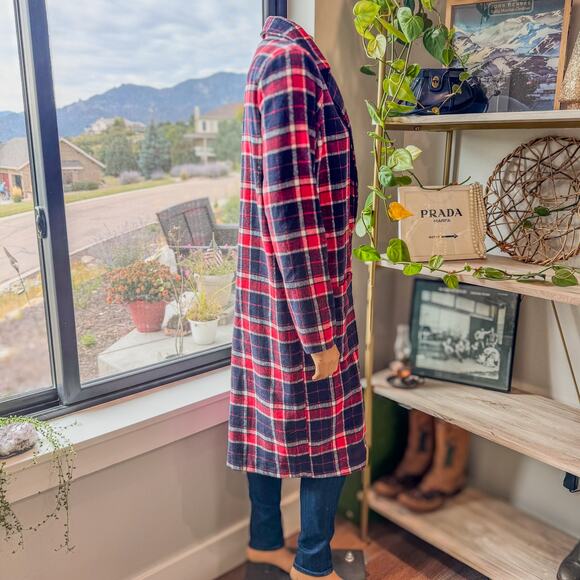 Hem & Thread Red & Navy Plaid Flannel Trench Style Coat Jacket, Women's Small - Picture 5 of 10